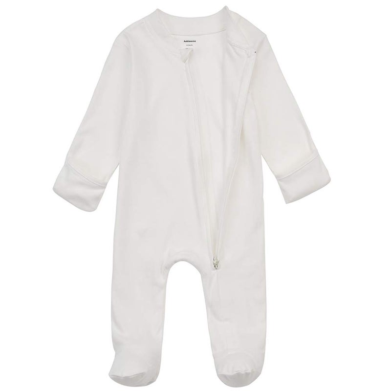 Aablexema Baby Pajamas Footie with Mitten Cuffs - Unisex Newborn Double Ways Zipper Cotton Outfit Infant Jammies(Creamy-White, 0-3m) - Image 2
